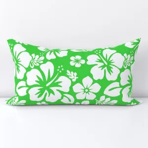 White Hawaiian Flowers on Lime Green Lumbar Throw Pillow