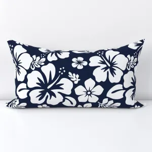 White Hawaiian Flowers on Navy Blue Lumbar Throw Pillow