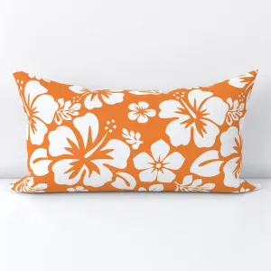 White Hawaiian Flowers on Orange Lumbar Throw Pillow